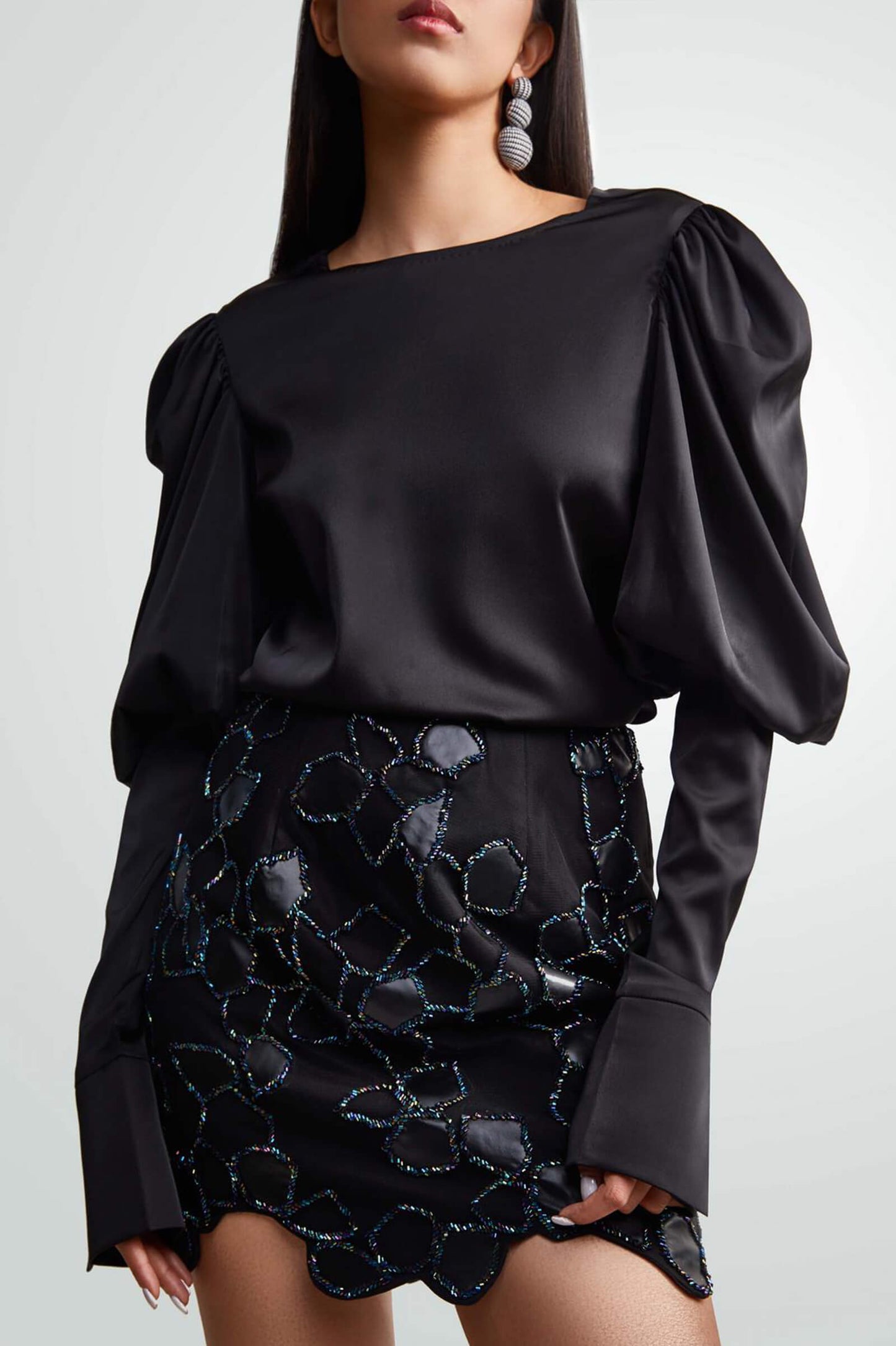 Black Satin Top With Leg O Mutton Sleeves